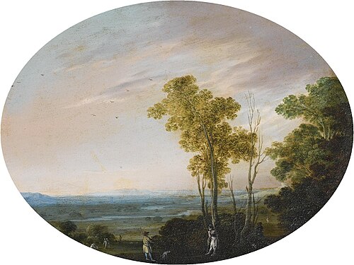 Extensive landscape with figures by a forest, , Goffredo Wals
