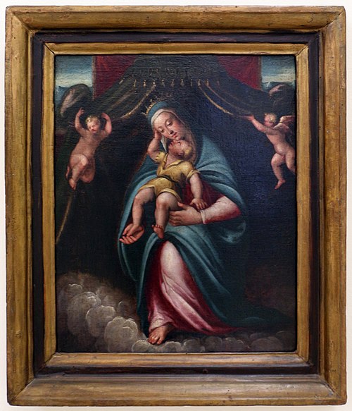 madonna col bambino sotto un baldacchino retto da due angeli, , Barbara Longhi