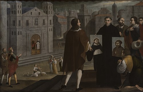 Joachim of Fiore shows the portraits of Saint Dominic de Guzmán and Saint Francis of Assisi, 1680, Gregorio Vásquez de Arce y Ceballos