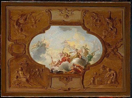Ontwerp voor een plafondstuk met de apotheose van Aeneas. In de hoeken de vier jaargetijden in bruna, , Jacob de Wit