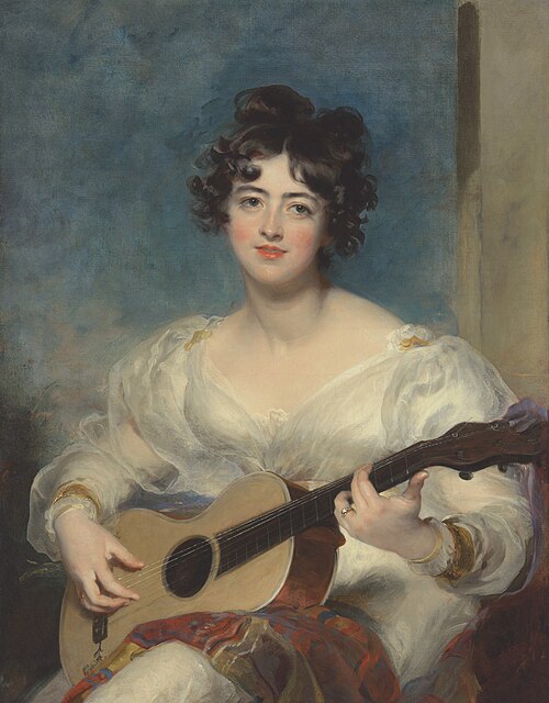 Portrait of Elizabeth Blake, Lady Wallscourt, playing a guitar, 1900, Thomas Lawrence