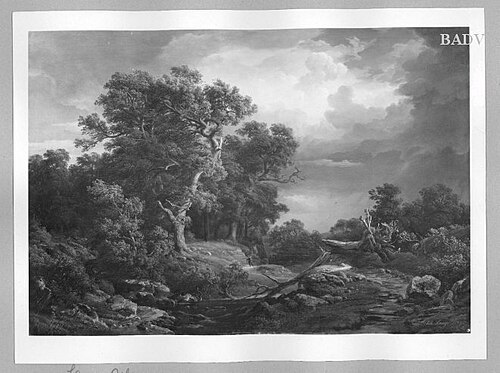 Landscape with big trees + storm, 1852, Johann Lange