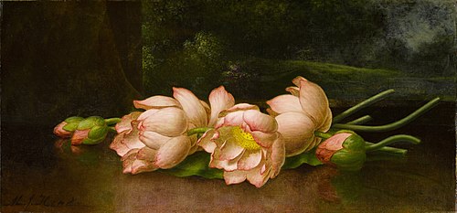 Lotus Flowers with a Landscape Painting in the Background, 1885, Martin Johnson Heade