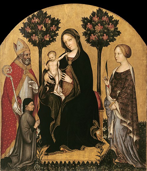 Madonna with Child and St Catherine, St Nicolas and Donor, 1395, Gentile da Fabriano