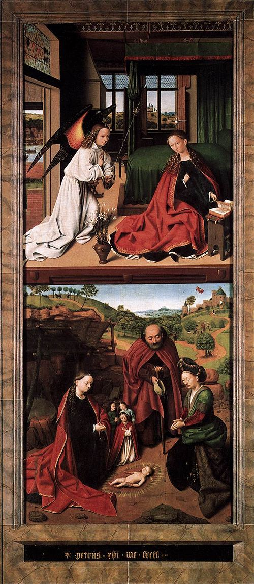 The adoration of the Christ Child; in the background the annunciation to the shepherds, 1452, Petrus Christus