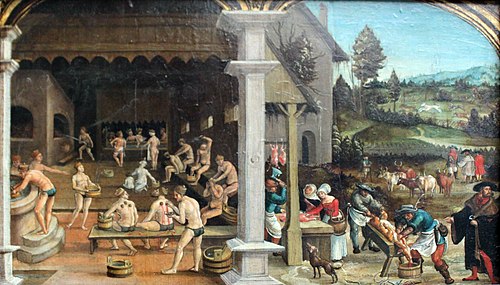 Panel from a Series of Rural Scenes: Bathing and Slaughter, 1600, Hans Wertinger