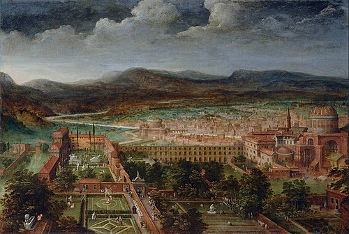 View of the Vatican gardens and St Peter's basilica, 1587, Hendrik III van Cleve