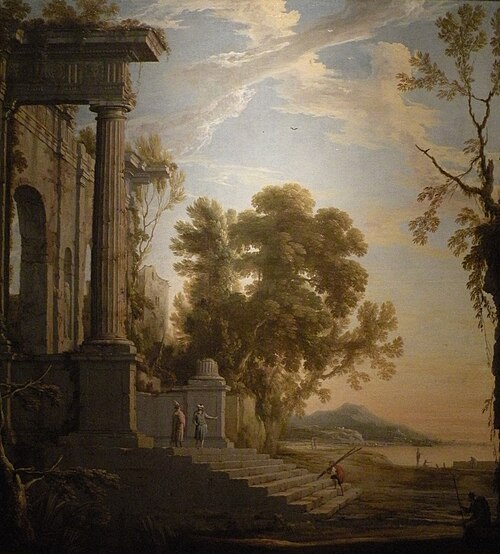Paysage avec figures sur les marches d’un palais en ruines, 1645, Henri Mauperché
