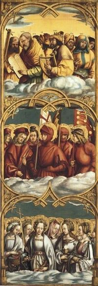 Allerheiligenaltar, rechter Flügel: Gestalten der Lauretanischen Litanei Rückseite: Auferstehung Chr, 1507, Hans Burgkmair