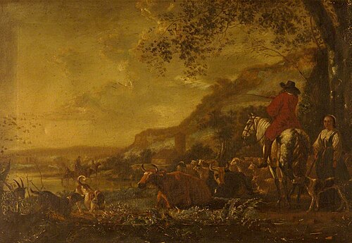 A Hilly River Landscape with a Horseman talking to a Shepherdess, , Aelbert Cuyp
