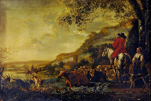 A Hilly River Landscape with a Horseman talking to a Shepherdess, , Aelbert Cuyp