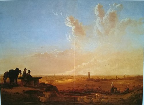 View from the Koningstafel at the Heimenberg towards the town Rhenen with travelers, farmers, horses, 1680, Aelbert Cuyp