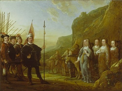 The meeting of David and Abigail, who brings him supplies for his men (1 Samuel 25:23), 1670, Albert Cuyp