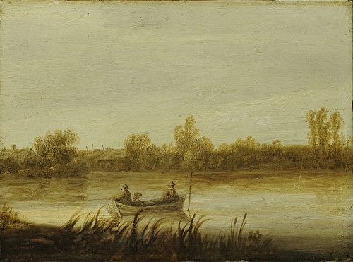 River landscape with fishermen in a rowboat, 1645, Albert Cuyp