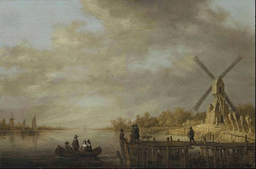 A river landscape with a windmill and gentlefolk in a rowing boat and on a jetty in the foreground, 1642, Aelbert Cuyp
