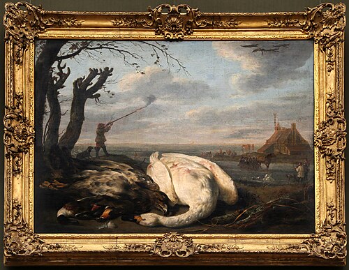Winter landscape with dead birds and hunters, 1650, Aelbert Cuyp