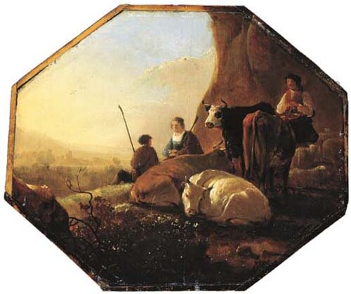 Four cows and herders below a cliff, 1640, Aelbert Cuyp