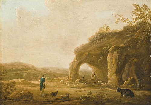 An Italianate landscape with shepherds by a grotto, 1645, Aelbert Cuyp
