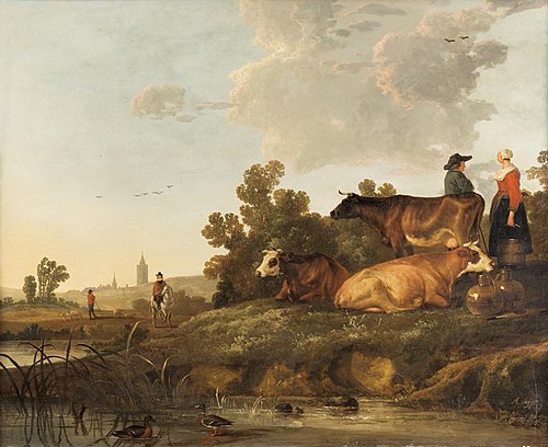 A drover and milkmaid standing beside cattle, a view to a town in the distance, 1650, Aelbert Cuyp