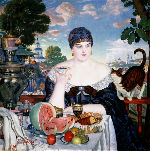 Femme du marchand prenant le thé, 1918, Boris Koustodiev