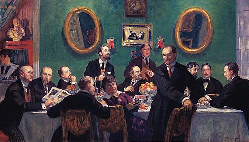 Portrait du groupe des artistes de l'association ''Mir Iskousstva'', 1920, Boris Koustodiev
