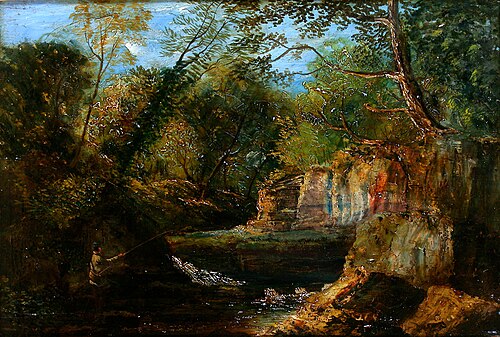 Fisherman at a woodland river, , Henry Mark Anthony