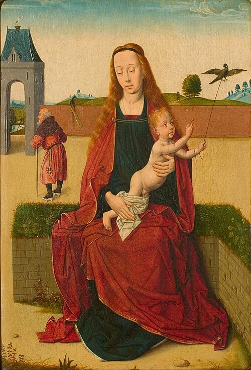 Madonna and Child on a grass bench., 1470, Dirk Bouts