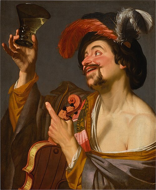 A merry violinist holding a roemer, , Gerrit van Honthorst