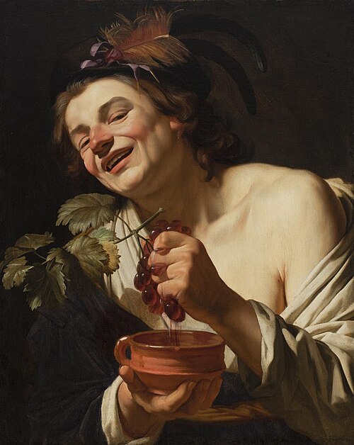 Smiling Young Man Squeezing Grapes, 1622, Gerrit van Honthorst
