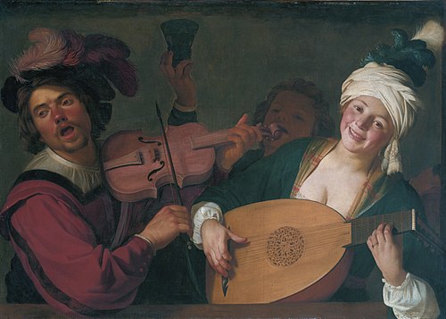 A merry group behind a balustrade with a violin and a lute player, 1623, Gerrit van Honthorst