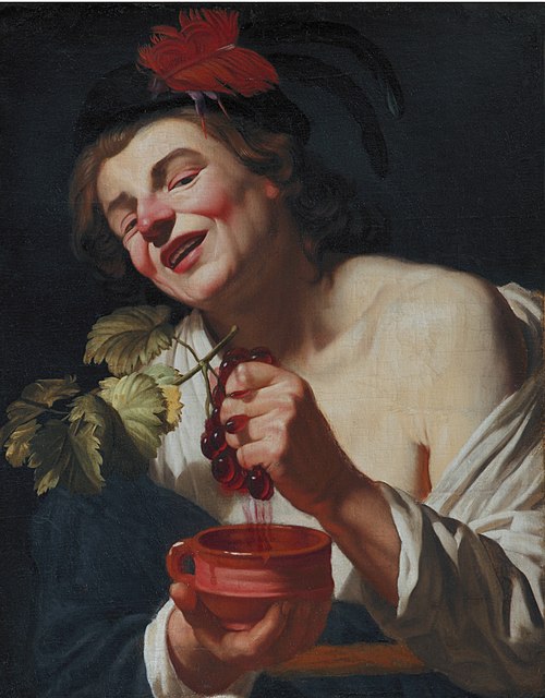A Bacchic Young Man squeezing Grapes into a Cup (An Allegory of Taste?), 1622, Gerrit van Honthorst