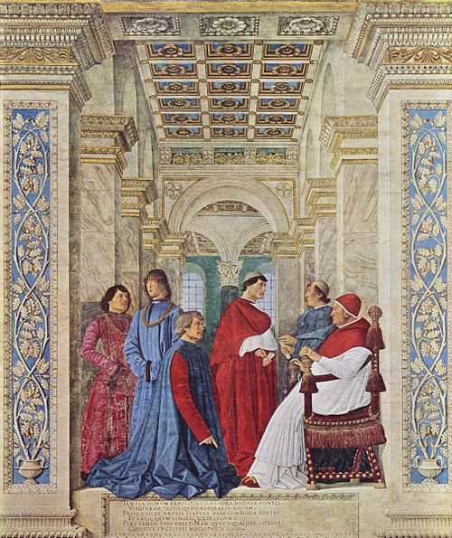 le Pape Sixte IV installant Bartolommeo Platina à la direction des bibliothèques Vaticanes, 1477, Melozzo de Forlì