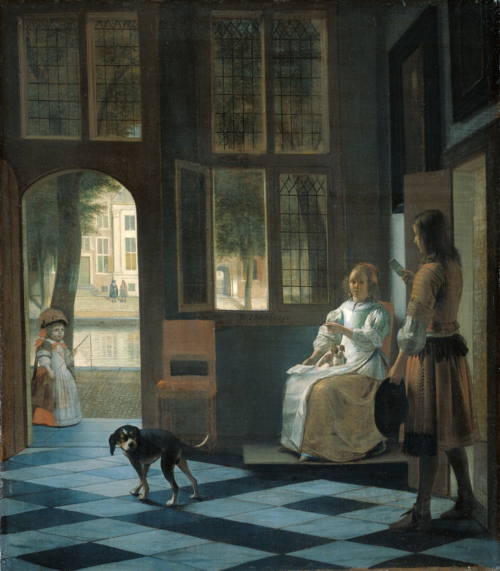 Un homme remettant une lettre à une femme dans l'entrée d'une maison, 1670, Pieter de Hooch