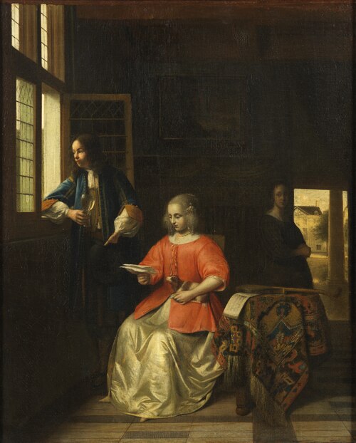 Femme lisant une lettre et un homme à une fenêtre, 1669, Pieter de Hooch