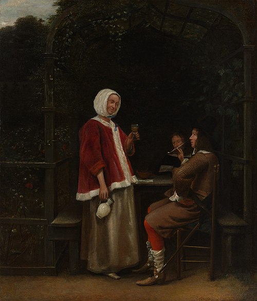 Une femme et deux hommes sous une pergola, 1657, Pieter de Hooch