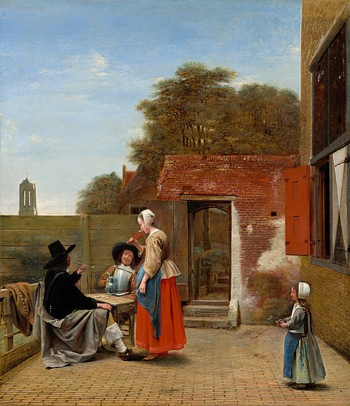 Deux hommes, femme et enfant dans une cour, 1658, Pieter de Hooch