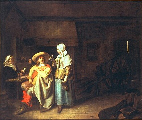 Soldat avec femme et joueurs de cartes dans une taverne, 1655, Pieter de Hooch