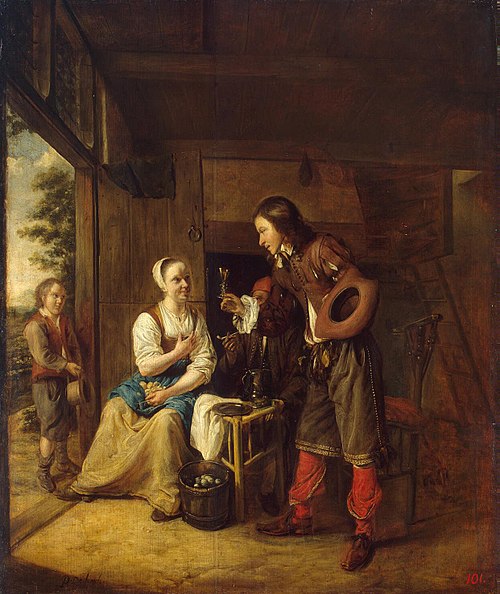 Intérieur avec un homme offrant une femme un verre de vin, 1650, Pieter de Hooch