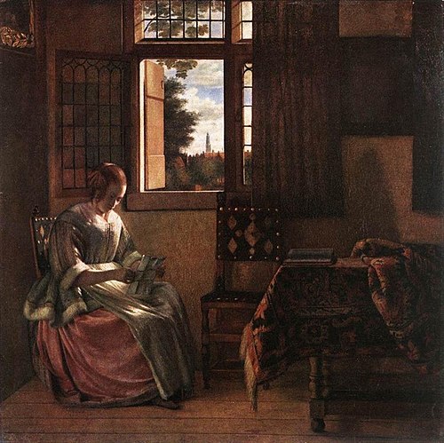 Femme lisant une lettre à une fenêtre ouverte, 1664, Pieter de Hooch