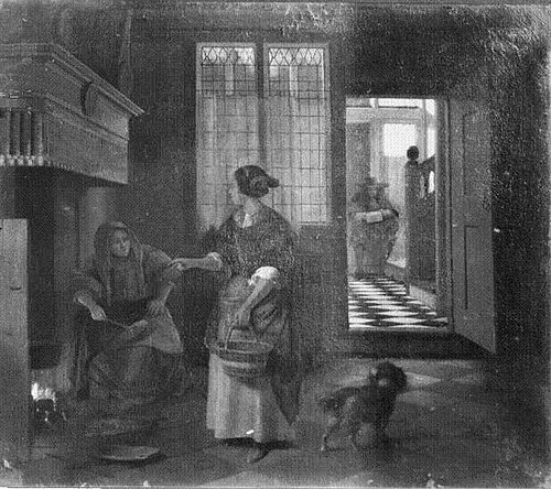 Deux femmes et un homme avec un chien, 1680, Pieter de Hooch
