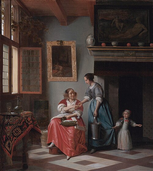 Intérieur avec une jeune femme tendant un pièce de monnaie pour une servante, 1670, Pieter de Hooch
