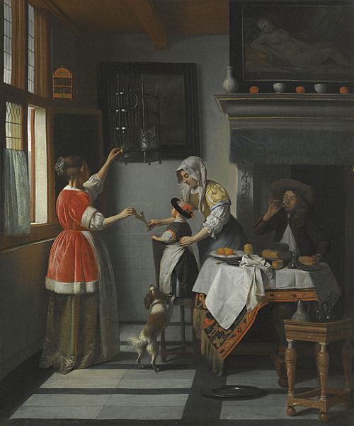 Intérieur avec un enfant nourrir un parrot, 1670, Pieter de Hooch