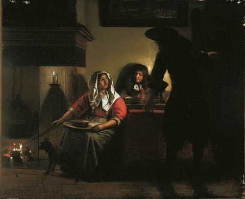 Intérieur avec deux hommes et une femme près d'un feu, 1675, Pieter de Hooch