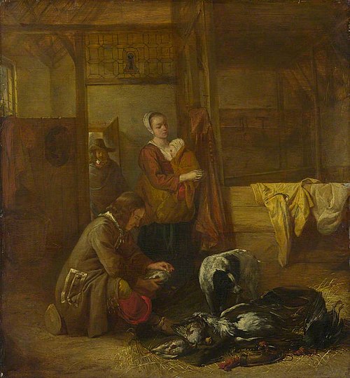 Un homme avec des oiseaux morts dans une étable, 1655, Pieter de Hooch