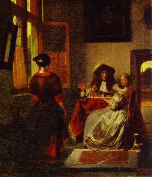 A Couple Making Music at a Table, with a Serving Girl, 1680, Pieter de Hooch