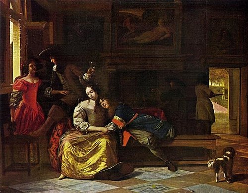 Interior with two embracing couples, 1674, Pieter de Hooch