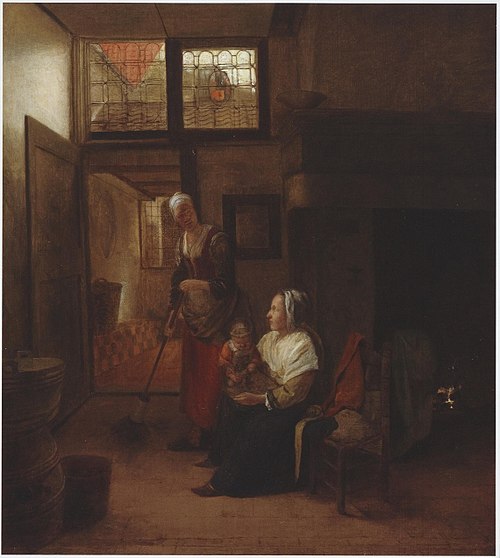 Interior with mother and child and a maid sweeping, 1656, Pieter de Hooch