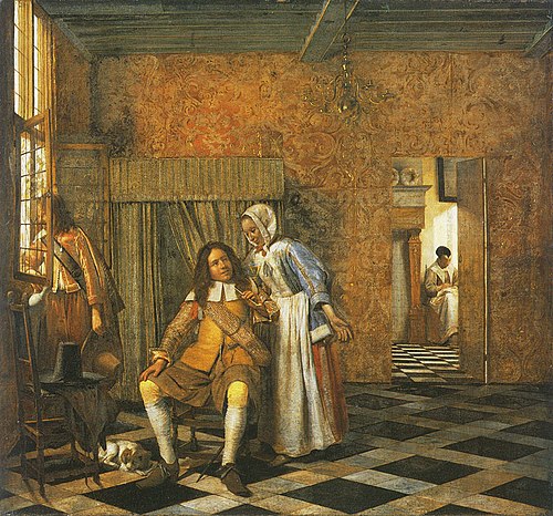 Two men and a young woman in a distinguished interior, 1662, Pieter de Hooch