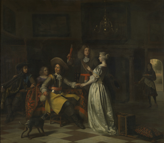 Merry company with trumpeter in a distinguished interior, 1670, Pieter de Hooch