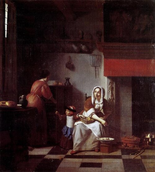 Interior of a Kitchen with a Woman, a Child and a Maid, 1670, Pieter de Hooch